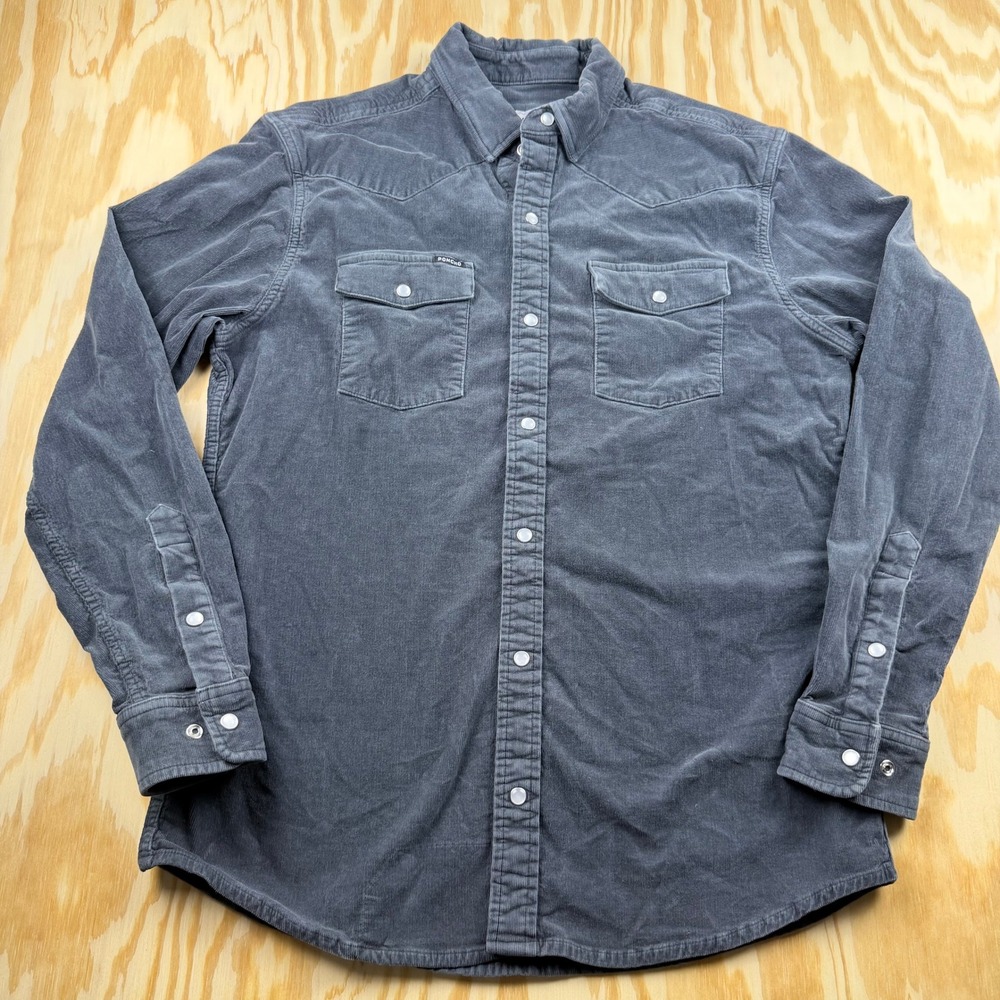 Poncho Outdoors Men L Slim Fit Corduroy Western Pearl Snap Shirt Charcoal Gray
